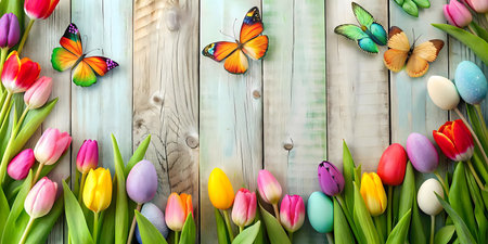 Colorful Easter arrangement with tulips, butterflies, and painted eggs on a rustic wooden background.の写真素材