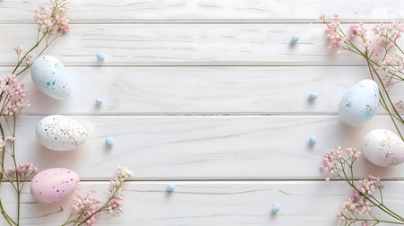 Pastel colored Easter eggs and pink flowers arranged on a white wooden background. Perfect for Easter greetings.の写真素材