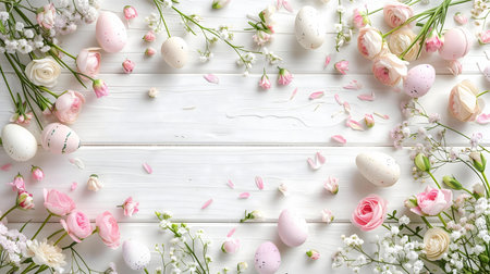 Pretty pink Ranunculus and pastel Easter eggs arranged on a white wooden background. Perfect for...