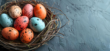 A lovely arrangement of colorful Easter eggs nestled in a rustic bird's nest.の写真素材