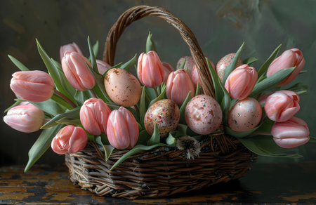 A charming arrangement of pink tulips and speckled Easter eggs nestled in a rustic wicker basket. A perfect spring scene.の写真素材