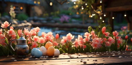 A serene Easter morning scene. Pastel eggs rest on a wooden table, surrounded by delicate pink...