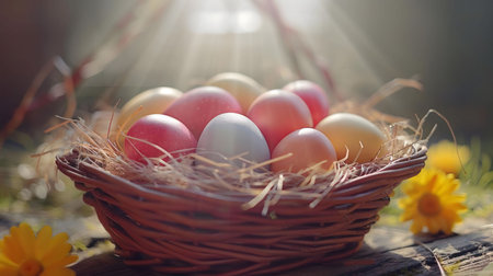 A charming image of colorful Easter eggs nestled in a rustic basket, bathed in warm sunlight.