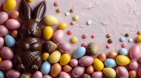 A dark chocolate Easter bunny surrounded by pastel-colored chocolate eggs and candies. A delightful spring treat!の写真素材