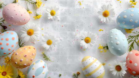 Pastel Easter eggs decorated with dots and stripes, surrounded by fresh daisies on a white background. Springtime celebration.の写真素材