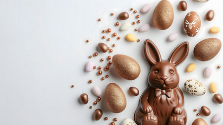 A charming chocolate bunny surrounded by golden eggs and assorted sweets. Perfect Easter treat image