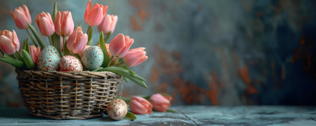 A delightful Easter scene featuring pink tulips and speckled eggs in a charming wicker basket....