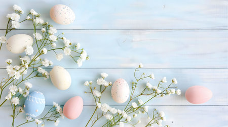 Pastel colored Easter eggs and white flowers on a light blue wooden background. Perfect for Easter...