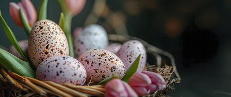 Close-up of speckled Easter eggs nestled in a bird's nest, adorned with pink tulips. Springtime...