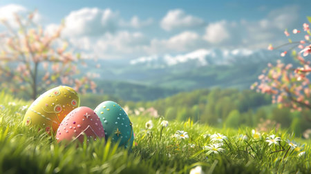 Three colorful Easter eggs nestled in a vibrant spring meadow, with a stunning mountain backdrop.の写真素材