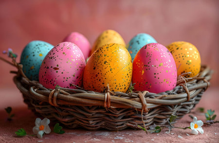 Pastel Easter eggs, artfully decorated, nestled in a rustic woven basket. A springtime celebration.の写真素材