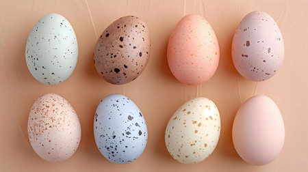 Eight beautifully speckled Easter eggs in pastel colors arranged on a peach-colored background.
