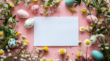 Pastel Easter eggs and daisies on pink background