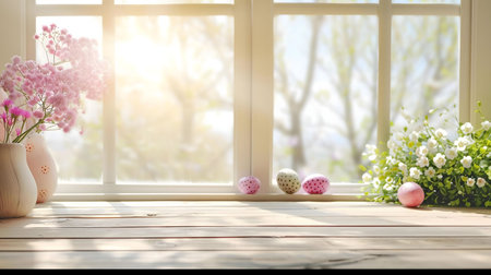 A sunlit windowsill displays pastel Easter eggs, pink flowers in vases, and a pretty white flower...