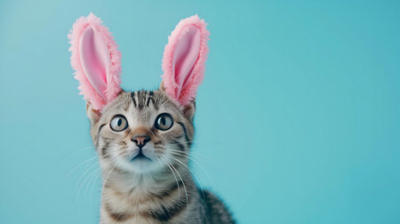 An adorable tabby kitten wearing pink bunny ears against a light blue background.の写真素材