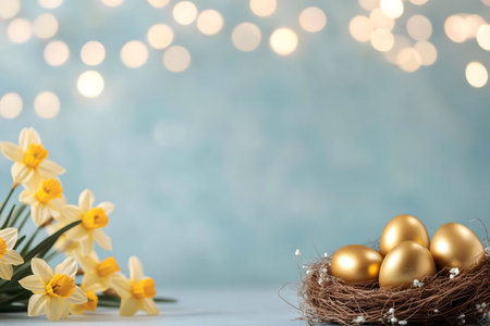 Golden Easter eggs in a bird's nest surrounded by daffodils against a soft blue background with bokeh lights.の写真素材