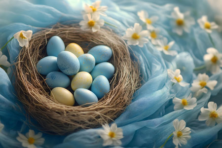 A charming scene of pastel blue and yellow Easter eggs in a bird's nest surrounded by delicate daisies on a soft blue fabric.の写真素材