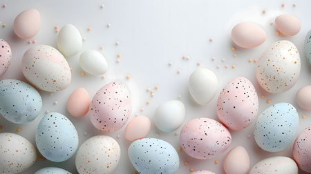 Pastel-colored eggs arranged on a white background with sprinkles. Perfect for Easter.の写真素材
