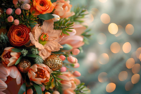 Close-up view of a gorgeous flower arrangement. Peach and orange blossoms create a stunning holiday vibe.の写真素材