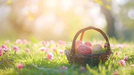 A charming springtime scene featuring pastel-colored Easter eggs in a woven basket, sitting amidst a...