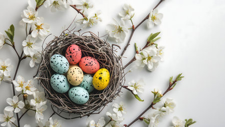Pastel colored Easter eggs in a rustic bird's nest surrounded by delicate spring blossoms.