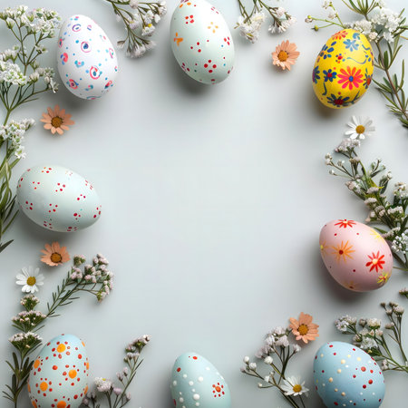 Eight painted Easter eggs arranged with spring flowers forming a beautiful frame. Perfect for Easter...