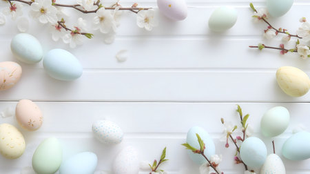 Pastel colored Easter eggs and delicate spring blossoms arranged on a white wooden background....