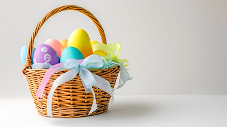 A charming wicker basket filled with pastel-colored Easter eggs, adorned with ribbons. A perfect...