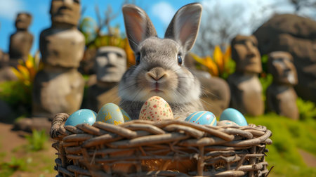 An adorable bunny sits in a wicker basket filled with colorful Easter eggs, with ancient Moai...
