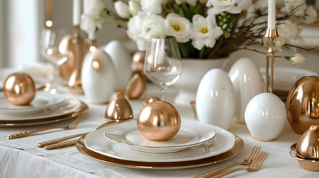 A luxurious Easter table setting featuring rose gold accents, white eggs, and delicate white...
