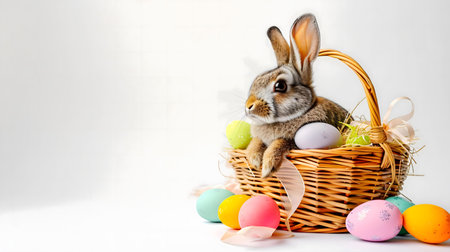 A cute bunny rests in a wicker basket filled with pastel Easter eggs. A spring celebration image.