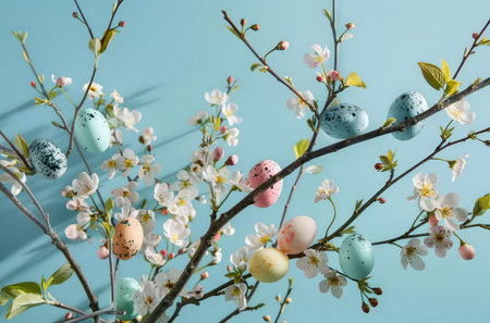 Colorful Easter eggs adorn a blossoming branch. Pastel colors and spring flowers create a festive...
