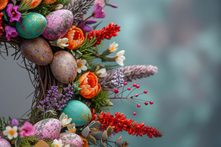 Close-up of a beautiful Easter wreath adorned with vibrant, decorated eggs and spring flowers. Perfect for spring celebrations.の写真素材