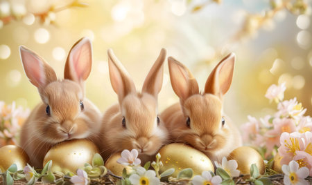 Three adorable bunnies nestled among golden Easter eggs and spring blossoms.の写真素材
