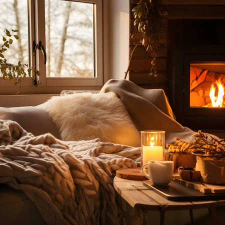 A warm and inviting scene of a cozy living room with a fireplace, blankets, pillows, and a lit candle. Perfect for a relaxing evening.の写真素材