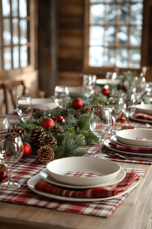 A charming Christmas dinner table setting in a rustic cabin. Red and green decorations create a festive atmosphere.の写真素材