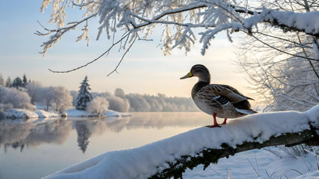 A mallard duck rests on a snow-covered branch overlooking a serene winter lake. The scene is peaceful and picturesque.の写真素材
