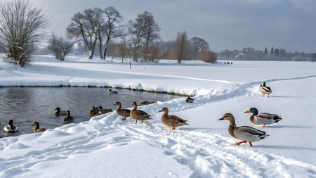 Ducks on snowy lake in winter. Peaceful, serene scene.の写真素材