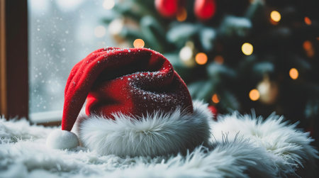 A red Santa hat dusted with snow sits on a fluffy white surface near a Christmas tree. Winter wonderland vibesの写真素材