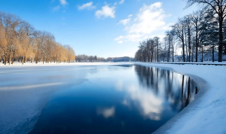 A breathtaking winter scene of a frozen lake reflecting a clear blue sky and snow covered trees.