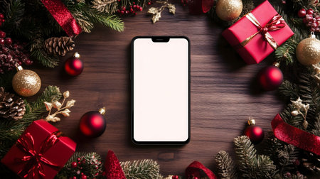 A smartphone with a blank screen surrounded by Christmas ornaments, gifts and pine branches. Perfect for online shopping promotion.の写真素材