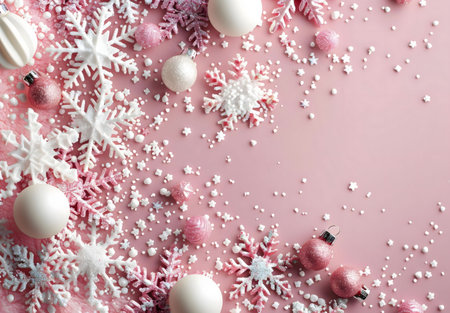 Festive winter background with pink and white snowflakes, ornaments and sprinkles.の写真素材