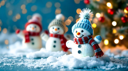 Three charming knitted snowmen in a snowy Christmas setting. Festive lights and a decorated tree add to the holiday cheer.の写真素材