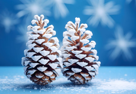 Two pine cones covered in snow against a blue background with snowflake bokeh.