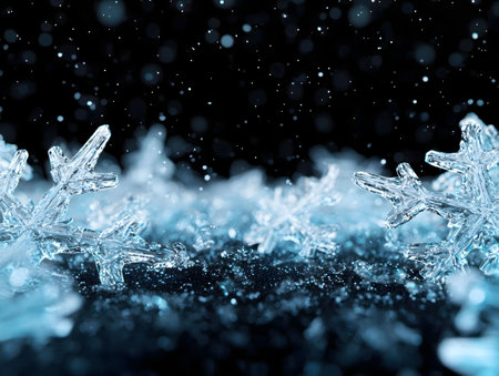 Close-up view of intricately ice crystals. Winter wonderland scene, showcasing frozen beauty.