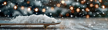 Skateboard covered in snow, winter scene, christmas lights