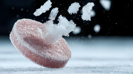 A close-up shot of a pink tablet with ice crystals exploding from it. Macro photography highlights...