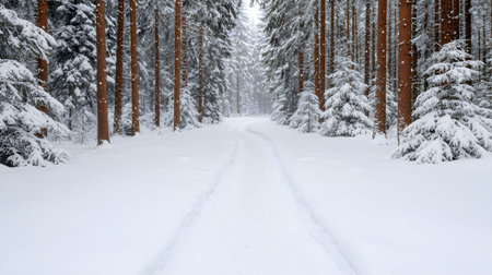 A serene winter scene of a snow-covered path winding through a dense forest of snow-laden trees.