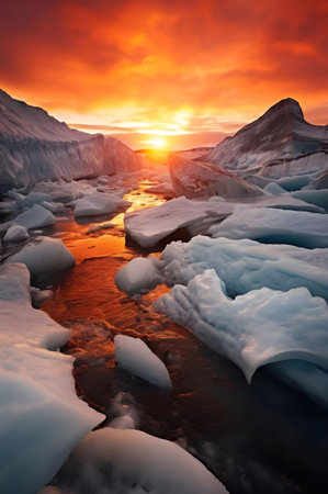 A breathtaking sunset casts fiery hues over a glacial river in Iceland. The scene is a blend of cold...
