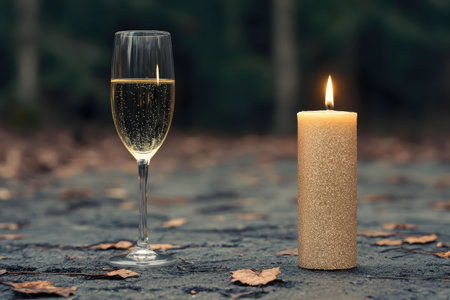 A glass of champagne sits beside a lit candle on an autumnal ground. Serene and peaceful.の写真素材